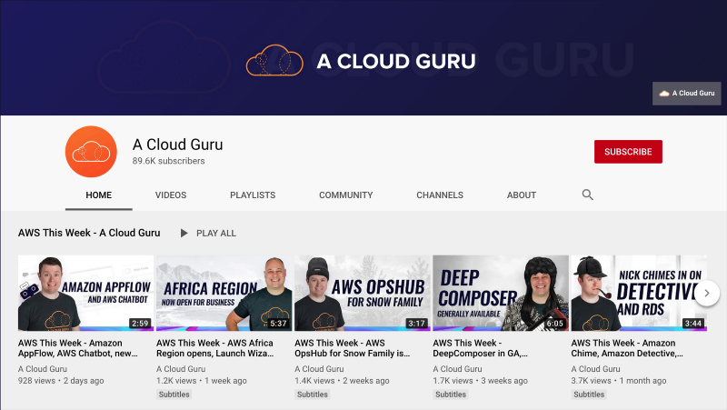 Capture d’écran de la chaîne YouTube de A Cloud Guru